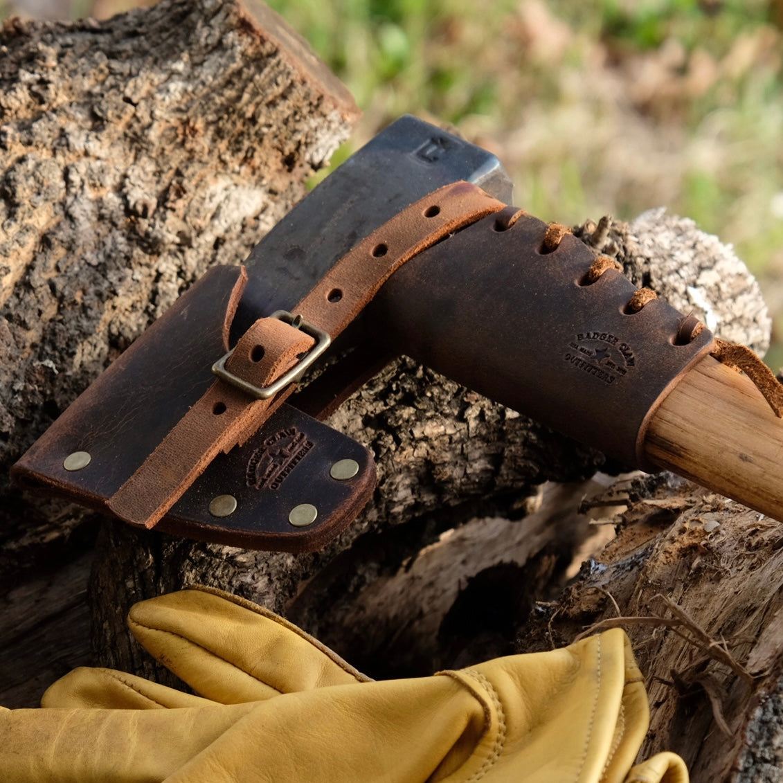 Universal Axe Mask made of premium Crazy Horse leather, secured with an adjustable strap on a hatchet.